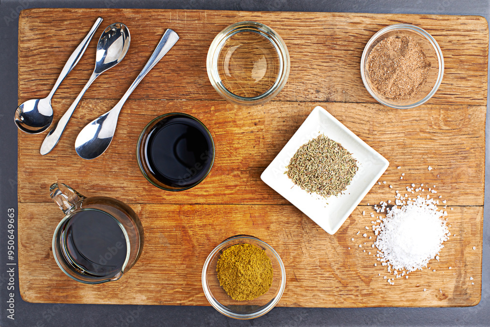 Spices, wood and board with cutlery for cooking dinner with ground salt on table top. Curry, cumin and asian cuisine for gourmet meal in restaurant with fine dining with seasoning for preparation Spices, wood and board with cutlery for cooking dinner with ground salt on table top. Curry, cumin and asian cuisine for gourmet meal in restaurant with fine dining with seasoning for preparation