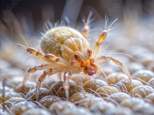 Extreme Close-Up Of A Tiny Mite With Visible Hairs, Legs, And Palps On A Textured Surface photo