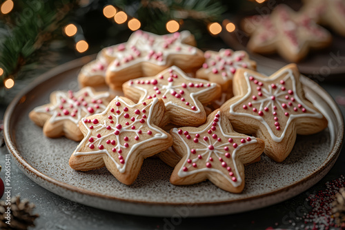 A plate of Christmas cookies shaped like stars, trees, and snowflakes, decorated with icing and sprinkles. Concept of holiday baking and festive treats.