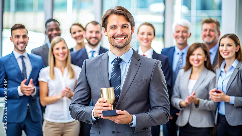 Smiling businessman standing out from a crowd of employees, receiving a award or recognition for his outstanding performance and contributions to the company. Smiling businessman standing out from a crowd of employees, receiving a award or recognition for his outstanding performance and contributions to the company.