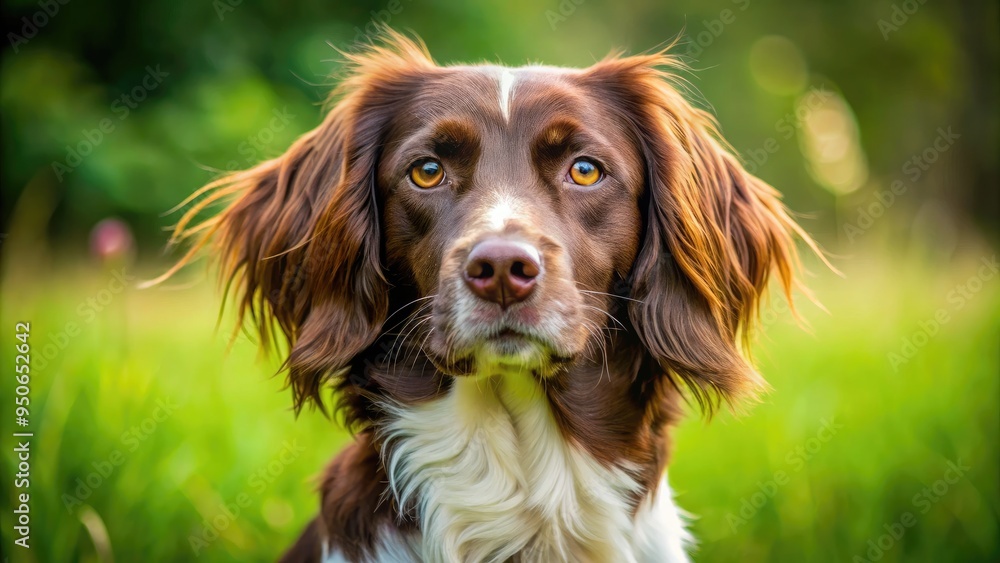 Fluffy small Munsterlander dog with brown and white fur, floppy ears, and big brown eyes, standing on a green meadow, looking curious and friendly. Fluffy small Munsterlander dog with brown and white fur, floppy ears, and big brown eyes, standing on a green meadow, looking curious and friendly.