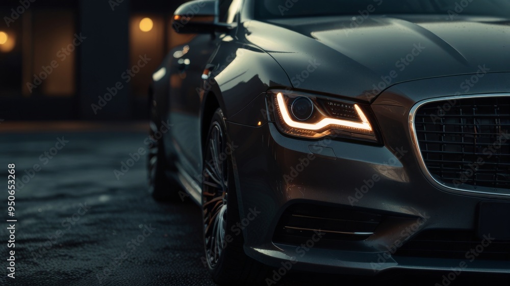Modern car parked on wet pavement at night lighting up headlight Modern car parked on wet pavement at night lighting up headlight
