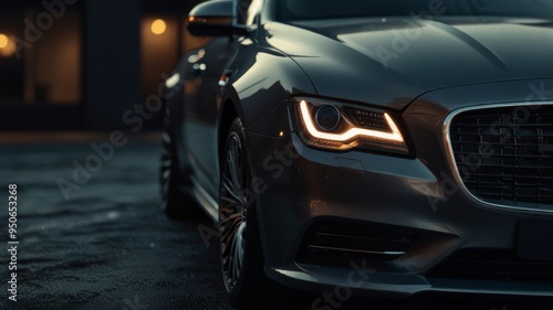 Modern car parked on wet pavement at night lighting up headlight