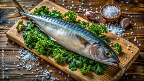 Freshly caught Cero mackerel on a rustic wooden table, glistening with dew, surrounded by seaweed and oceanic elements, evoking a sense of coastal freshness. photo