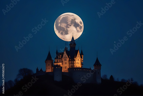 full moon rising behind haunted castle hill photo