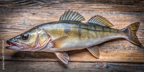 Freshly caught European pikeperch, also known as zander, lies on a wooden table, its silver scales glistening in the light, with a subtle water drop effect. photo