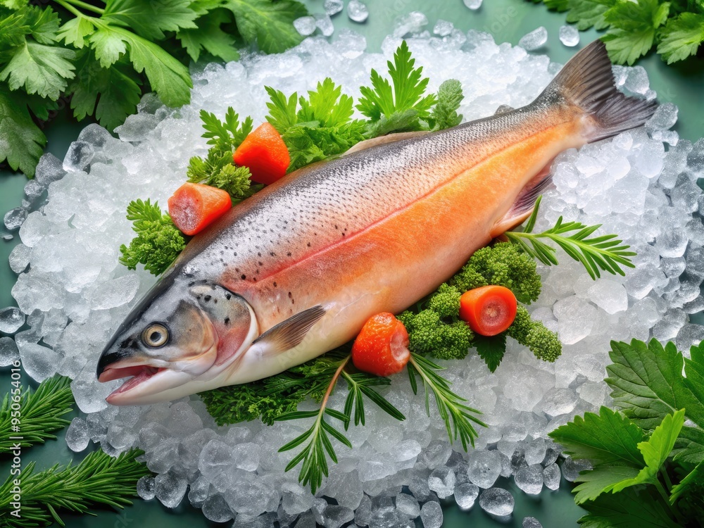 Freshly caught salmon fish lies on a bed of ice, its vibrant orange-pink flesh glistening with dew, surrounded by lush green leaves and a hint of sea spray.