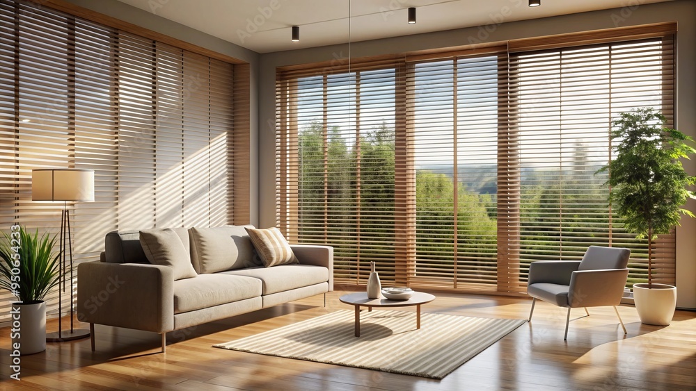 Fototapeta premium Soft, filtered natural light pours through partially open horizontal blinds, casting gentle shadows on a minimalist interior with a calm, serene ambiance.