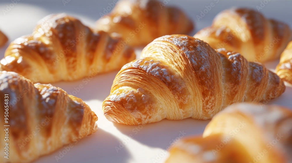 Close-up of Several Golden Brown Croissants with Powdered Sugar Close-up of Several Golden Brown Croissants with Powdered Sugar