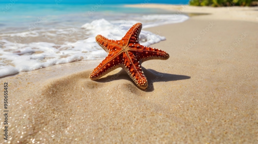 Beautiful orange starfish resting on the sand of a tropical beach Beautiful orange starfish resting on the sand of a tropical beach
