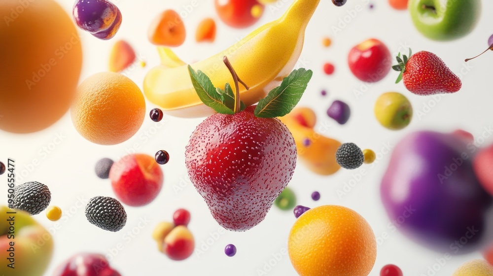 A Colorful Array of Fruit and Berries Floating in Mid-Air A Colorful Array of Fruit and Berries Floating in Mid-Air