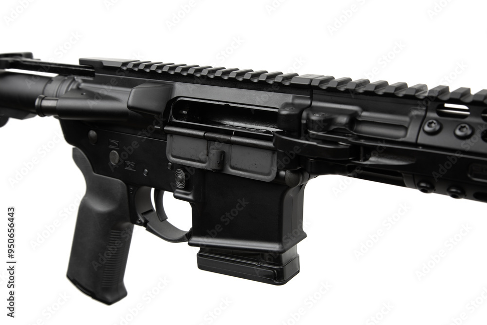 Modern folding automatic carbine. Weapons for the army, police and special forces. Assault rifle isolated on a white back Modern folding automatic carbine. Weapons for the army, police and special forces. Assault rifle isolated on a white back
