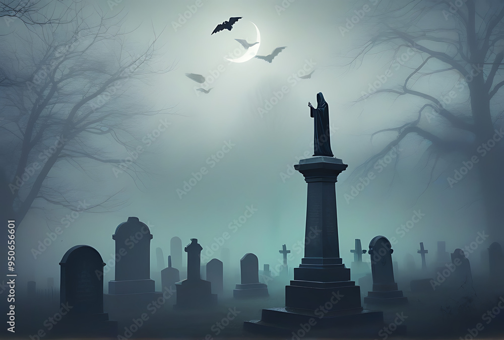 ghostly figure floating gravestone foggy cemetery ghostly figure floating gravestone foggy cemetery