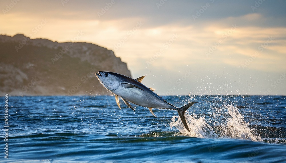Fototapeta premium atun saltando en el mar con la costa de fondo