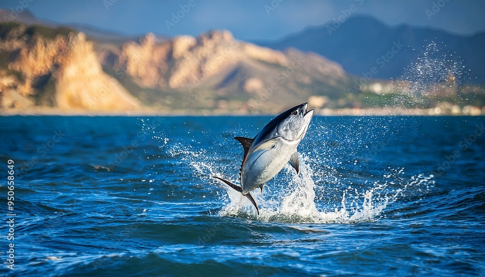 Fototapeta premium atun saltando en el mar con la costa de fondo