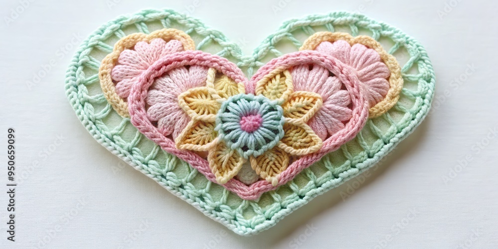 Intricately crafted heart-shaped crochet design featuring delicate pastel-colored threads and subtle texture, perfect for representing love, care, and warmth in a creative project. Intricately crafted heart-shaped crochet design featuring delicate pastel-colored threads and subtle texture, perfect for representing love, care, and warmth in a creative project.