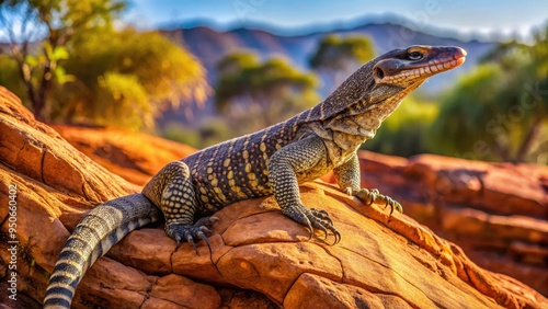 Large, scaly Australian goanna lizard perches on a rocky outcrop, its long tail curled around a branch, basking in the warm desert sunlight. photo