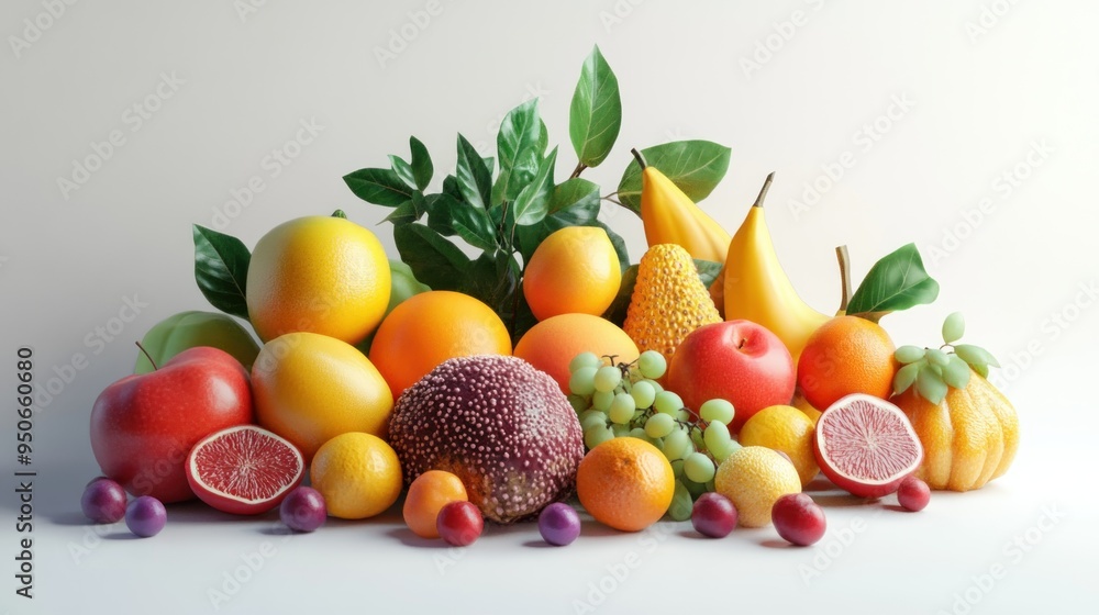 A Colorful Still Life of Fresh Fruits and Green Leaves A Colorful Still Life of Fresh Fruits and Green Leaves