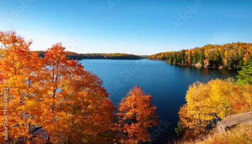 blue trout lake with trees in autumn color in northern minnesota on a sunny day