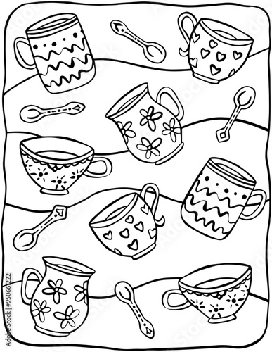 Coffee and Tea Cups Coloring Page for Adults and Kids, Vector Black and White Illustration