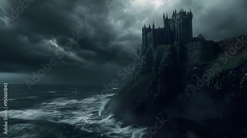 Dark gothic castle perched on cliff stormy ocean high contrast deep shadows moody dramatic intricately detailed 3D architecture