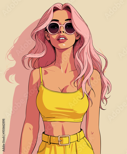open layer vector hot girl pink hair, with trend sunglasses and yellow crop top