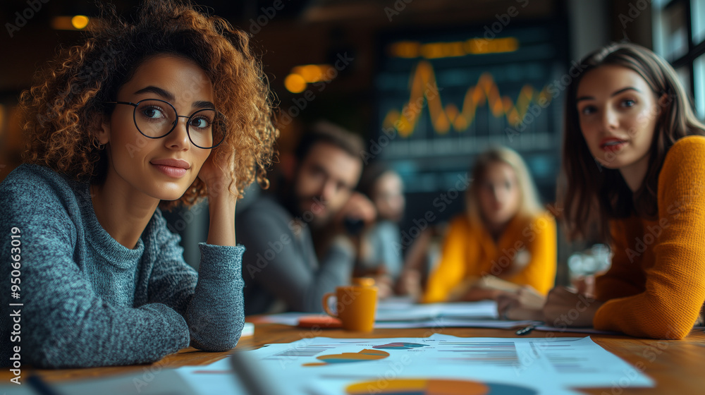 A team meeting discussing competitive analysis, with a large chart comparing market positions. A team meeting discussing competitive analysis, with a large chart comparing market positions.