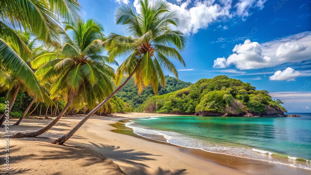 Fototapeta premium Sunny day at a secluded beach in Guanacaste, Costa Rica, with swaying palm trees, calm turquoise waters, and stretches of pristine golden sand.
