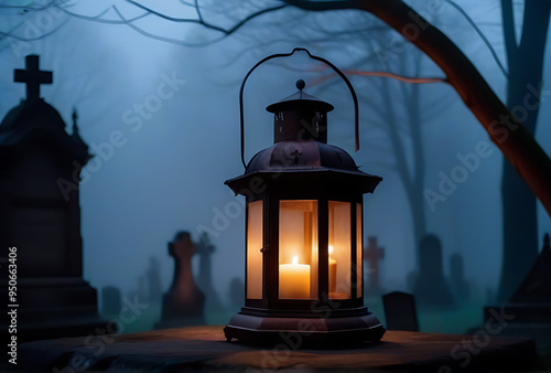 pair old rusty lanterns glowing dark foggy graveyard