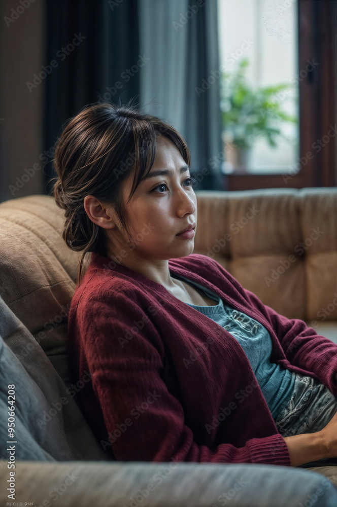 Face of depressed sad pensive middle age Asian woman is sitting on a couch, she is very lonely and grief Face of depressed sad pensive middle age Asian woman is sitting on a couch, she is very lonely and grief
