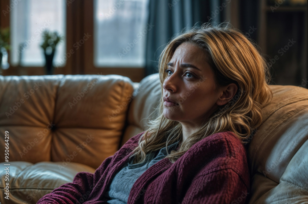 Face of depressed sad pensive middle age woman is sitting on a couch, she is very lonely and grief Face of depressed sad pensive middle age woman is sitting on a couch, she is very lonely and grief