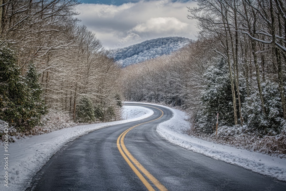 Asheville Winter Landscape: Snowy Road Through White Forest on Blue Ridge Parkway Asheville Winter Landscape: Snowy Road Through White Forest on Blue Ridge Parkway