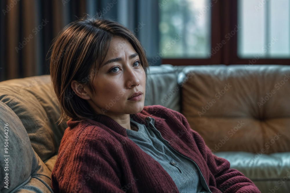 Face of depressed sad pensive middle age woman is sitting on a couch, she is very lonely and grief Face of depressed sad pensive middle age woman is sitting on a couch, she is very lonely and grief