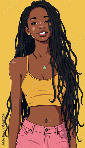 open layer vector hot Jamaican daredevil girl smile with sunglasses and croptop trend sunglasses brown hair and yellow crop top 01