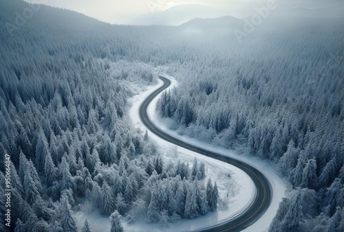 an aerial image of a winding road in snow