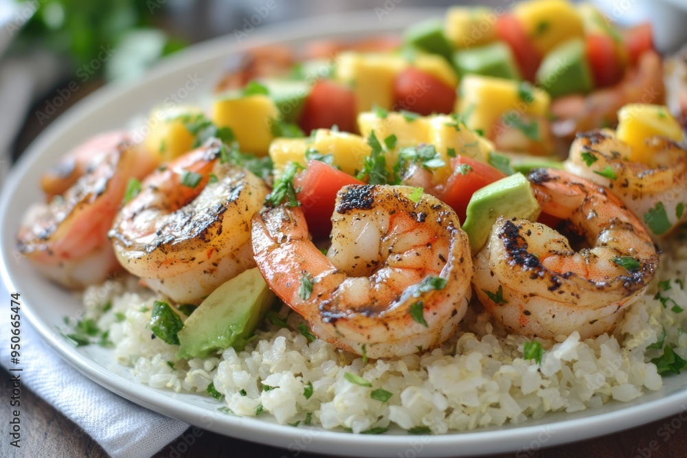 Dijon Shrimp and Avocado Skewers with Mango-Red Pepper Salsa on Cauliflower Rice Dijon Shrimp and Avocado Skewers with Mango-Red Pepper Salsa on Cauliflower Rice