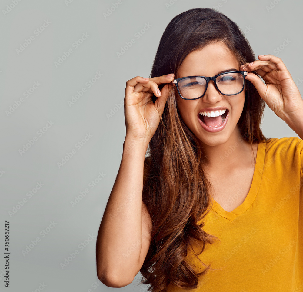 Studio, smile and face of woman with glasses, confidence and positive attitude in trendy fashion. Happy, portrait and girl in gen z style with pride, vision and eye care mockup on grey background Studio, smile and face of woman with glasses, confidence and positive attitude in trendy fashion. Happy, portrait and girl in gen z style with pride, vision and eye care mockup on grey background