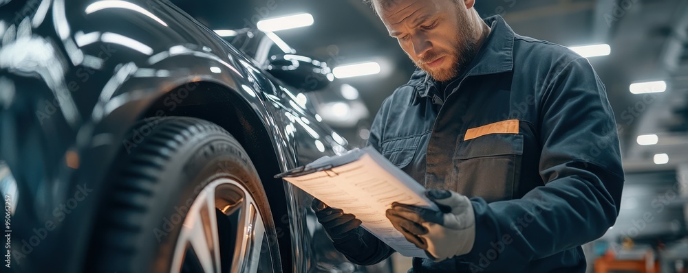 Mechanic in uniform documenting vehicle inspection in a modern auto ...