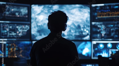 Silhouette of a Person in a High-Tech Control Room