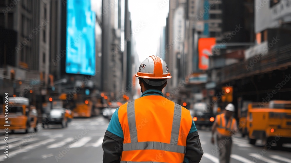 Construction worker wearing safety gear including a helmet and high-visibility vest on a busy construction site Construction worker wearing safety gear including a helmet and high-visibility vest on a busy construction site