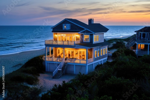 Aerial Corolla NC Twilight: Stunning Aerial Night Photograph of Homes Lit Up in Corolla, North Carolina, USA photo