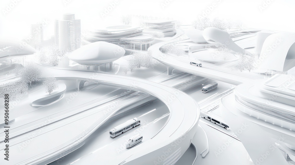 Futuristic White Cityscape with Transportation Network Futuristic White Cityscape with Transportation Network