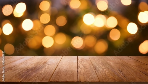 wooden tabletop with warm bokeh lights in background