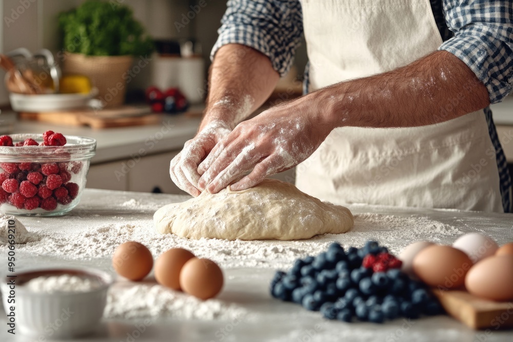 A person skillfully kneads dough on a clean kitchen counter. Fresh ingredients are spread around. This image captures the essence of baking and home cooking. Generative AI A person skillfully kneads dough on a clean kitchen counter. Fresh ingredients are spread around. This image captures the essence of baking and home cooking. Generative AI
