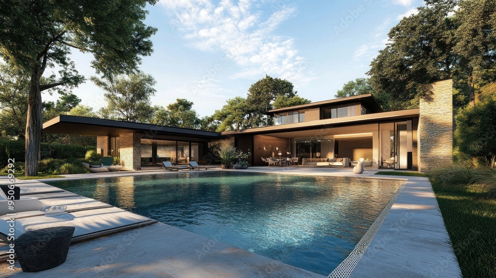 Fototapeta premium Modern House with Pool and Lush Greenery