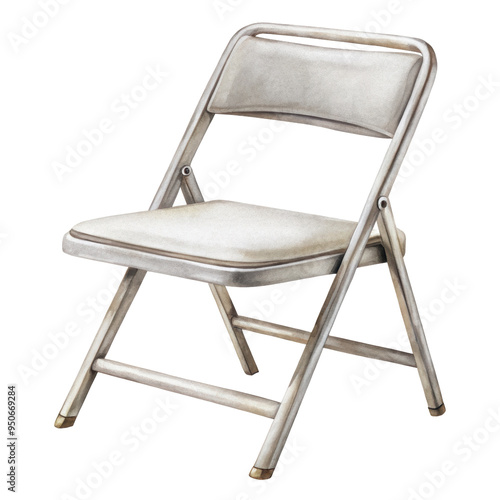 Watercolor illustration of a folding chair with a cushioned seat, commonly used for events and gatherings. Isolated on transparent background, png.