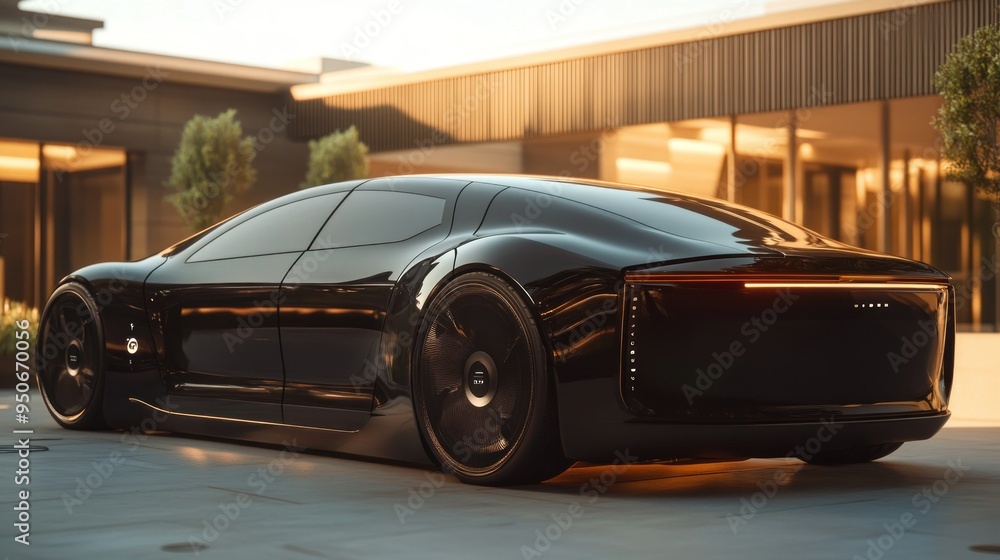 Black Luxury Electric Sedan Parked in Front of Modern House Black Luxury Electric Sedan Parked in Front of Modern House