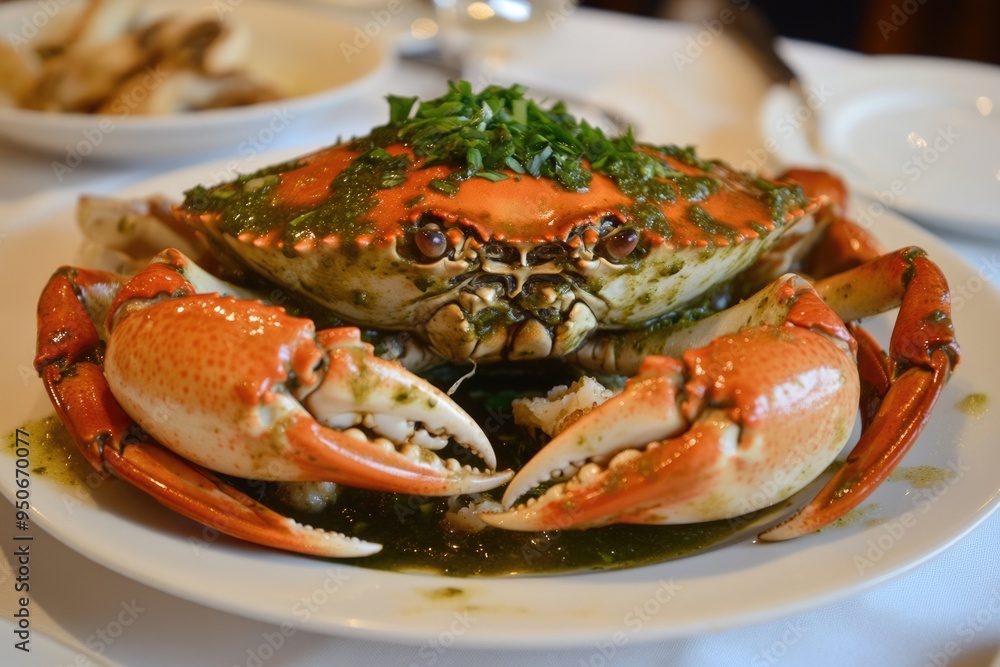 Dungeness Crab Plate. Authentic Chinese Food: Whole Cooked Crab with Green Onion Sauce Dungeness Crab Plate. Authentic Chinese Food: Whole Cooked Crab with Green Onion Sauce
