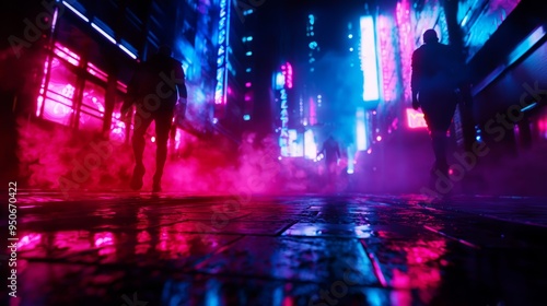 A Halloween celebration in a neon-lit city with cyberpunk costumes and futuristic decorations