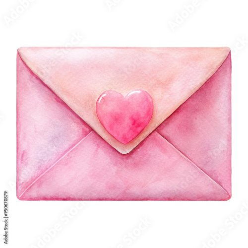 Pink envelope with heart seal watercolor illustration, ideal for Valentine's Day or romantic-themed designs. Isolated on transparent background, png.